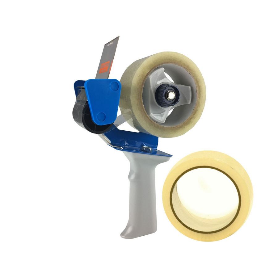 A tape dispenser, also known as a tape gun, which utilizes rolls of tape which are 2 inches wide, along with 2 rolls of tape measuring 2 inches by 55 yards, by UsedCardboardBoxes.